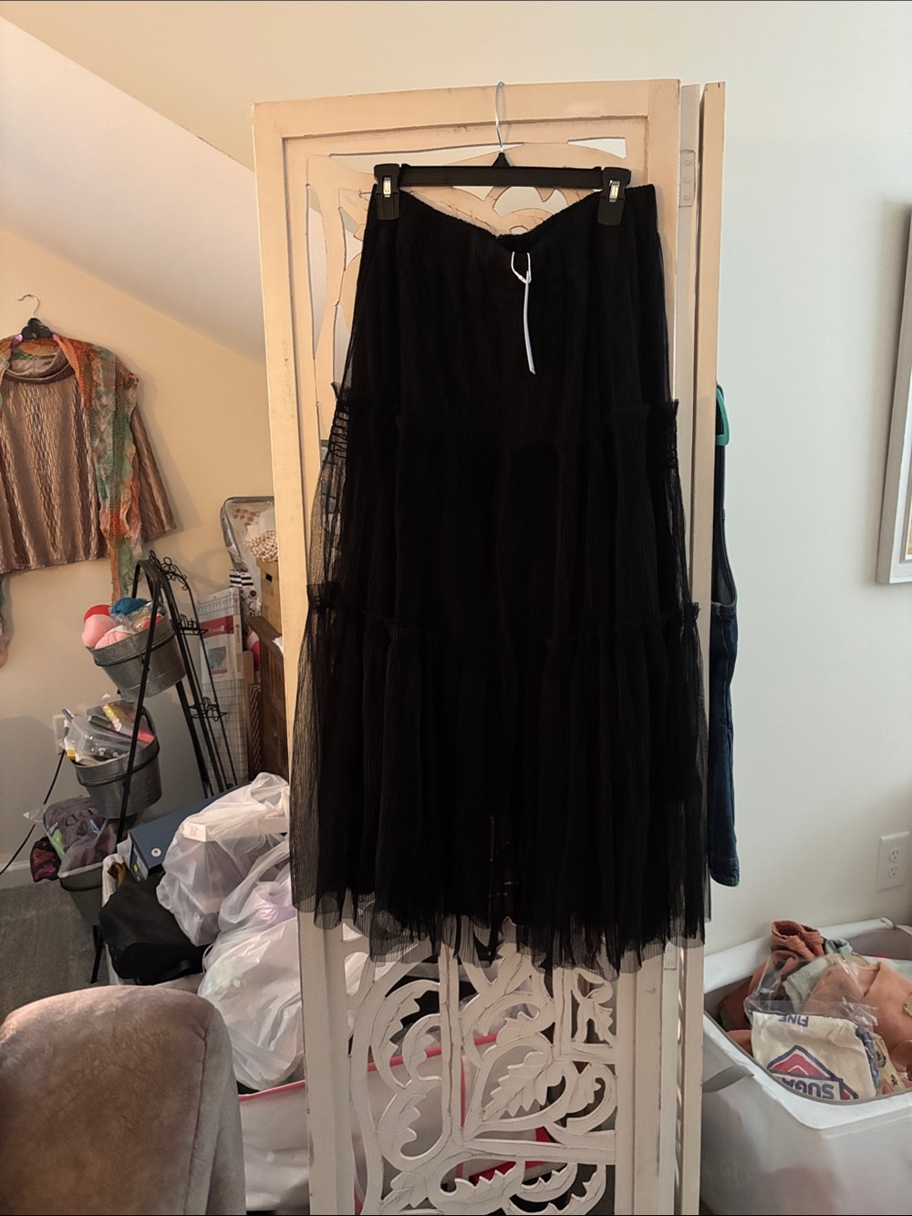 Black / sky Blue Tiered Tulle Midi Skirt
